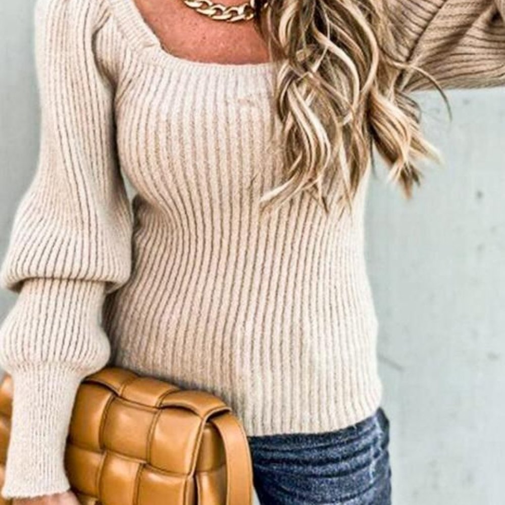 ONLY 1 LEFT! PUFF SHOULDER RIBBED SWEATER TOP - Picture 4 of 7